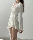 Custom Clothing Factory China Chiffon Ruffled Breasted V Neck Flared Long Sleeve Dress