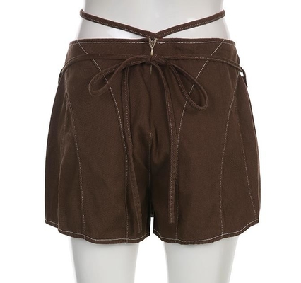 Oem Apparel Manufacturers Women'S Brown Lace-Up Denim Culottes Slim Wide-Leg Shorts